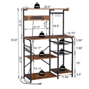 YILFANA Kitchen Bakers Rack with Power Outlet, Bakers Racks for Kitchen with Storage, Microwave Stand with Storage, Kitchen Rack and Shelves with 2 Wire Baskets, 10 S-Hooks, Kitchen Storage Shelves