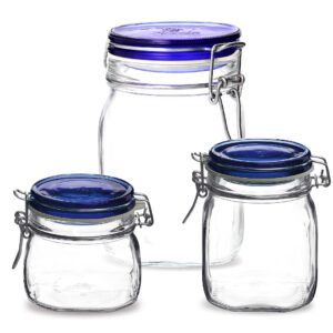 bormioli rocco fido collection, variety pack, set of 3 food storage glass jars 17 oz. - 25.25 oz. - 33.75 oz. made in italy.