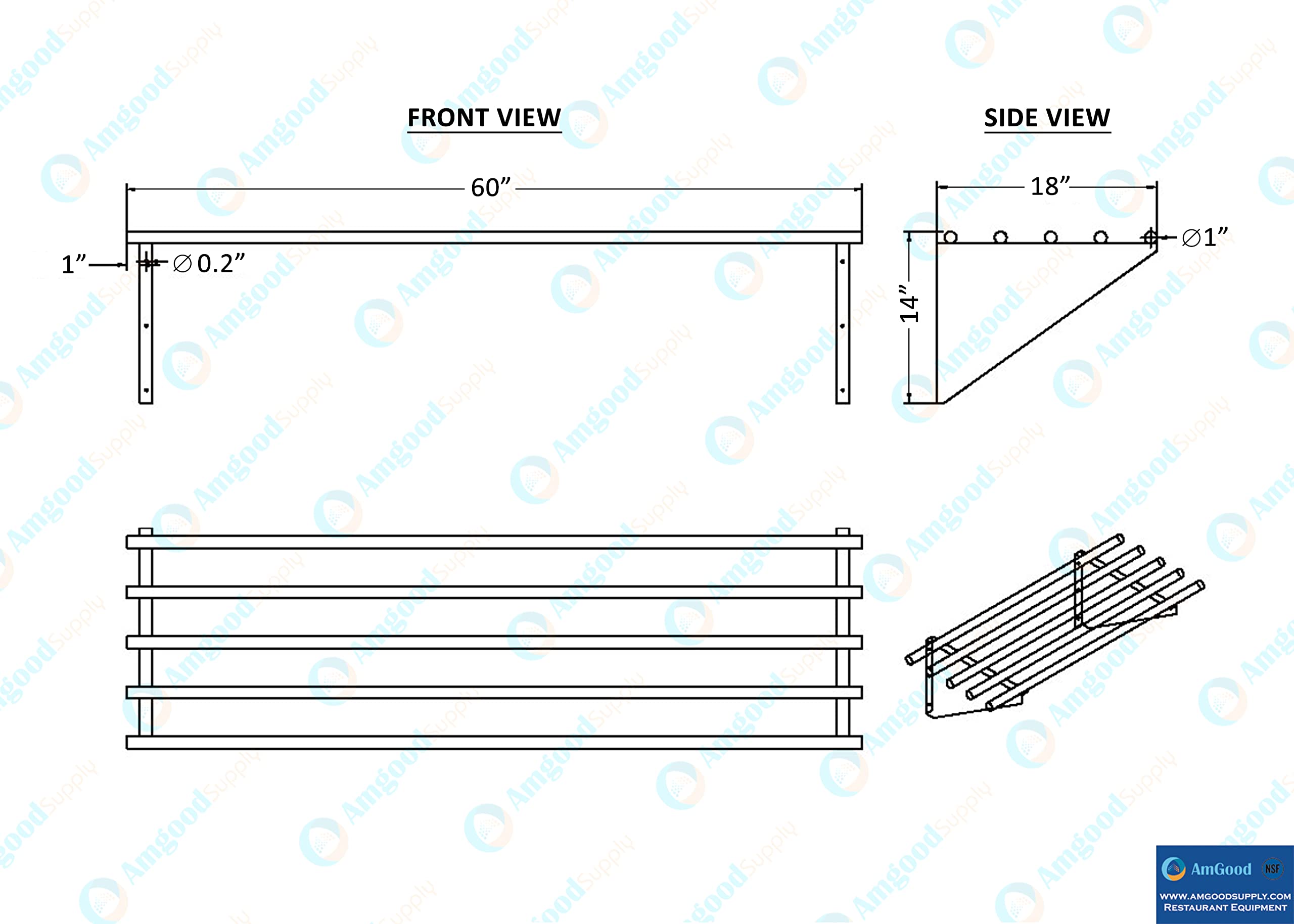 AmGood 60" Long X 18" Deep Stainless Steel Tubular Wall Shelf | NSF Certified | Appliance & Equipment Metal Shelving | Kitchen, Restaurant, Garage, Laundry, Utility Room