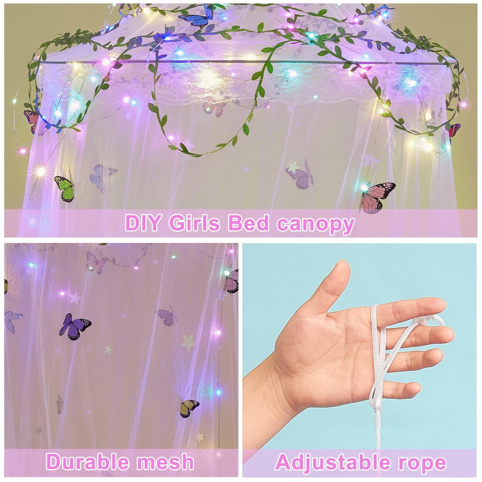 FIOBEE Bed Canopy for Girls Room Bed Canopy Curtains with Led Lights Mosquito Net DIY Princess Room Décor with Stars Butterflies for Kids Bedroom, Hot Pink