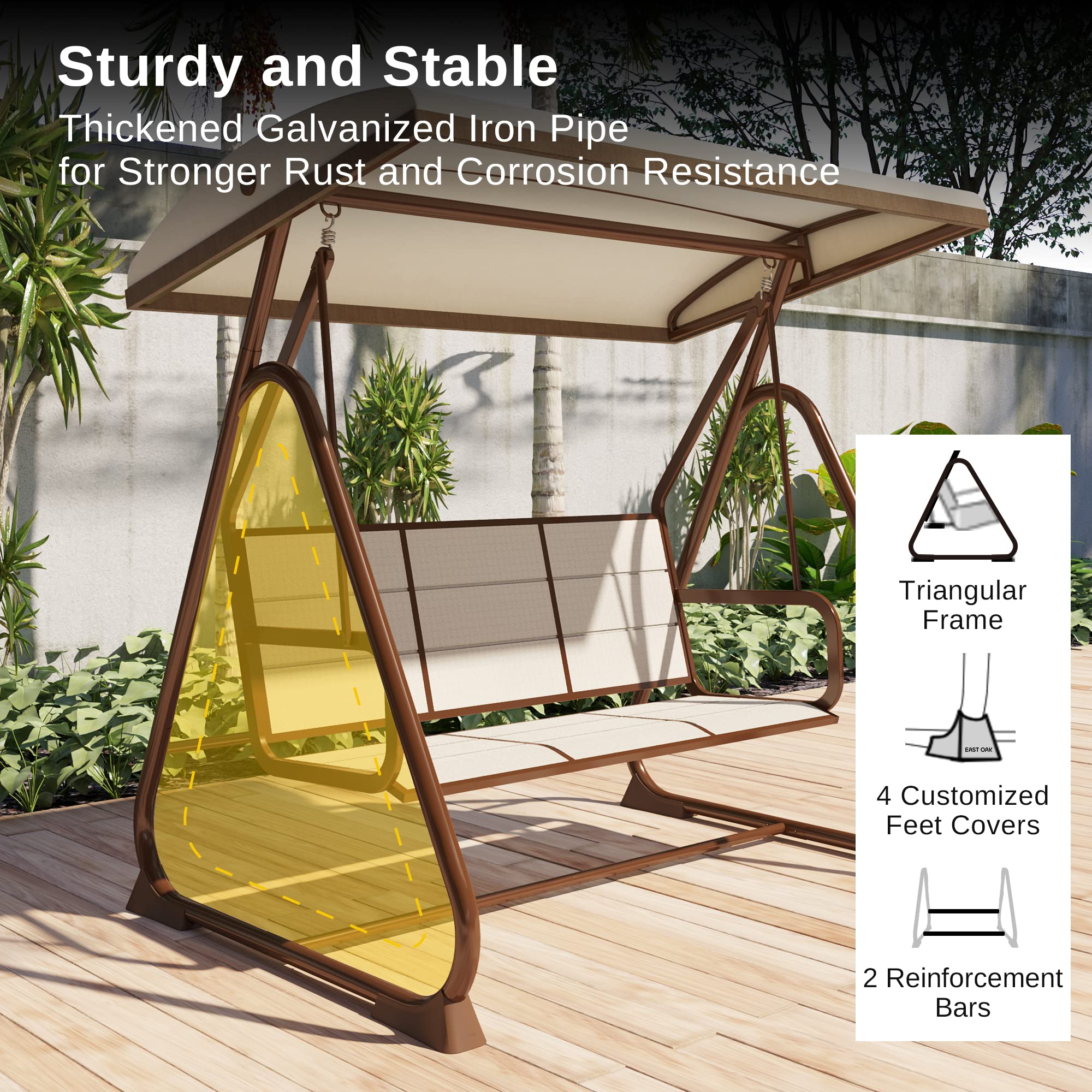 EAST OAK 3-Person Outdoor Patio Swing Chair with Adjustable Canopy, Porch Swing with Comfortable and Breathable Seats, Outdoor Swing Chairs for Garden, Balcony, Backyard, Chestnut Brown