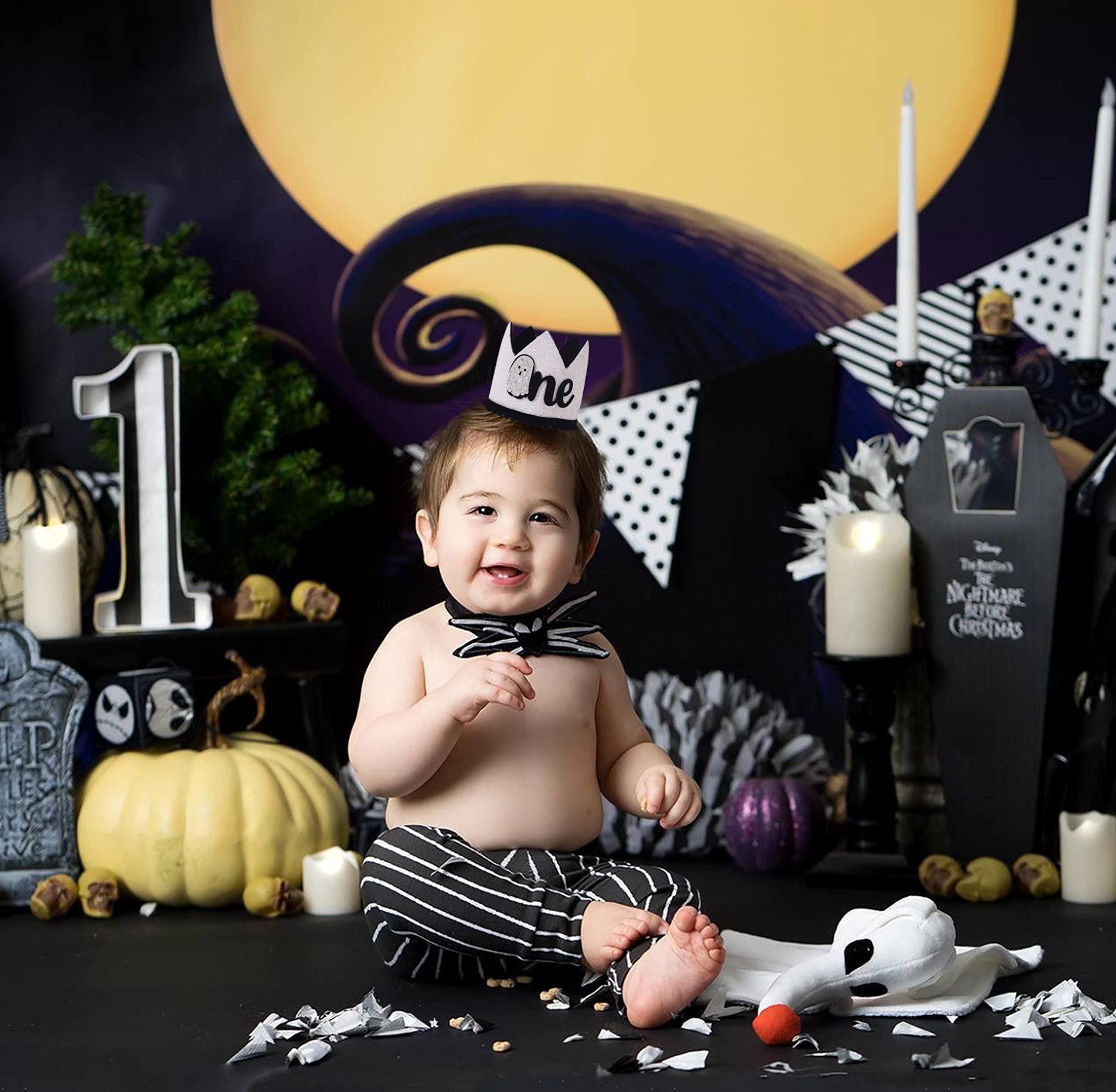 ZZDCMS Halloween First Birthday Decorations - Baby Shower Headband, Hat, Ghost Crown, Photo Booth Props and Cake Smash Backdrop