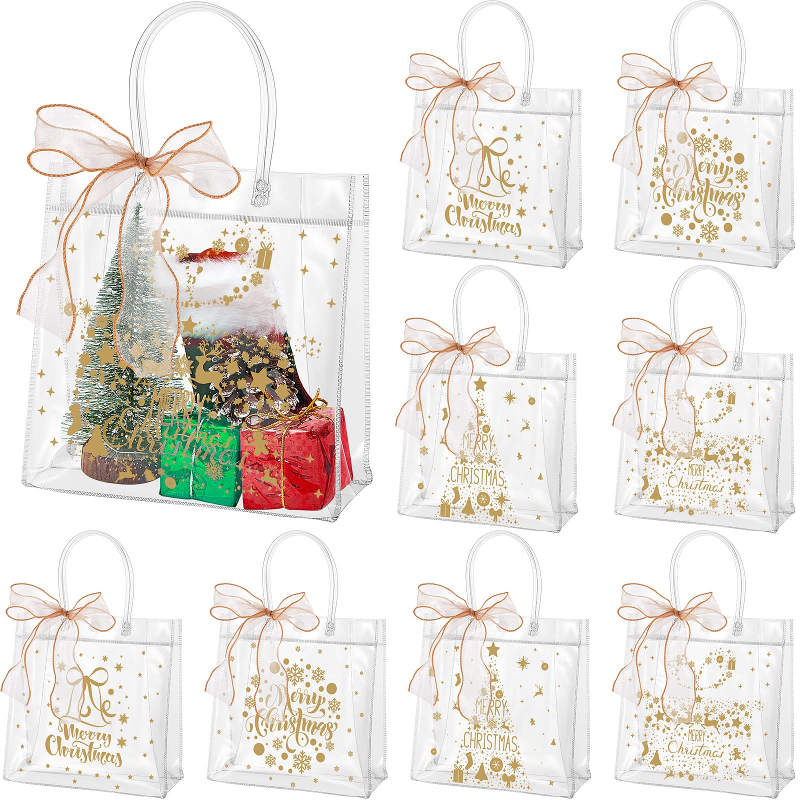 24 Pcs Christmas Clear Gift Bags with Bow Ribbon PVC Party Favor Bags with Handles 7.8 x 7.8 x 3.1" Plastic Gift Wrap Tote Bags for Retail Christmas Wedding Birthday Baby Shower Party Favors