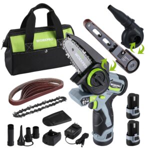 workpro cordless detail belt sander, mini chain saw, electric blower, 3-in-1 power tool combo kit, 12v, powerful brushless motor, with 2 batteries, fast charger and storage bag