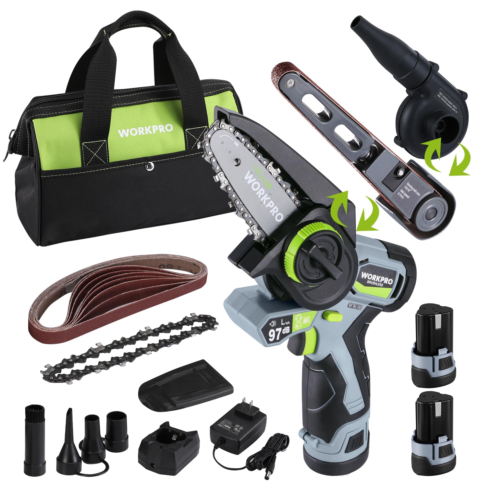 WORKPRO Cordless Detail Belt Sander, Mini Chain Saw, Electric Blower, 3-in-1 Power Tool Combo Kit, 12V, Powerful Brushless Motor, with 2 Batteries, Fast Charger and Storage Bag