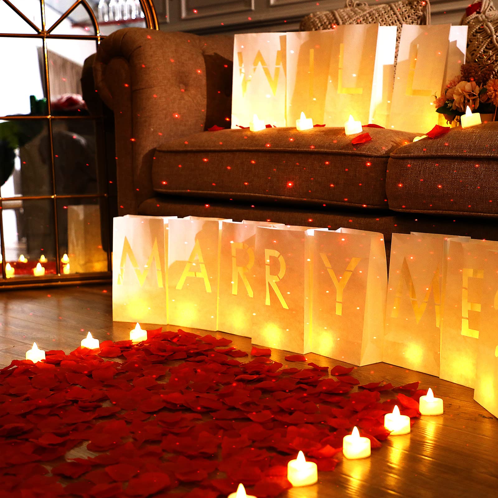 Coume 2051 Pcs Proposal Decorations Kit 15 Will You Marry Me Sign Luminary Paper Bags 2000 Rose Petals 36 Heart Flameless Candles with USB Romantic Night Light for Proposal Wedding Party(Warm White)