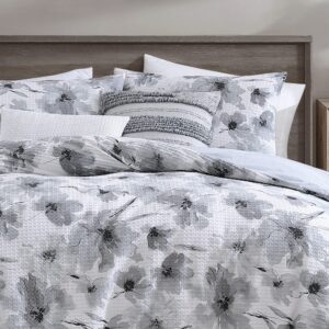 DKNY Bedding Modern Bloom 3-Piece Floral Cotton Duvet Cover Set, King, Grey