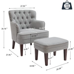 Accent Chair with Ottoman, Living Room Chair, Footrest Set Vintage Brass Studs, Button Tufted Upholstered Armchair for Room, Comfy Reading Bedroom, Reception (Grey)