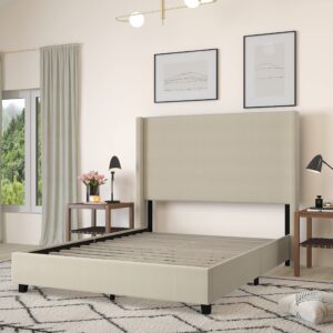 Merrick Lane Bramlett Modern Platform Bed - Beige Faux Linen - Queen - Padded Wingback Headboard - 3" Floor Clearance - Wood Support Slats - No Box Spring Needed