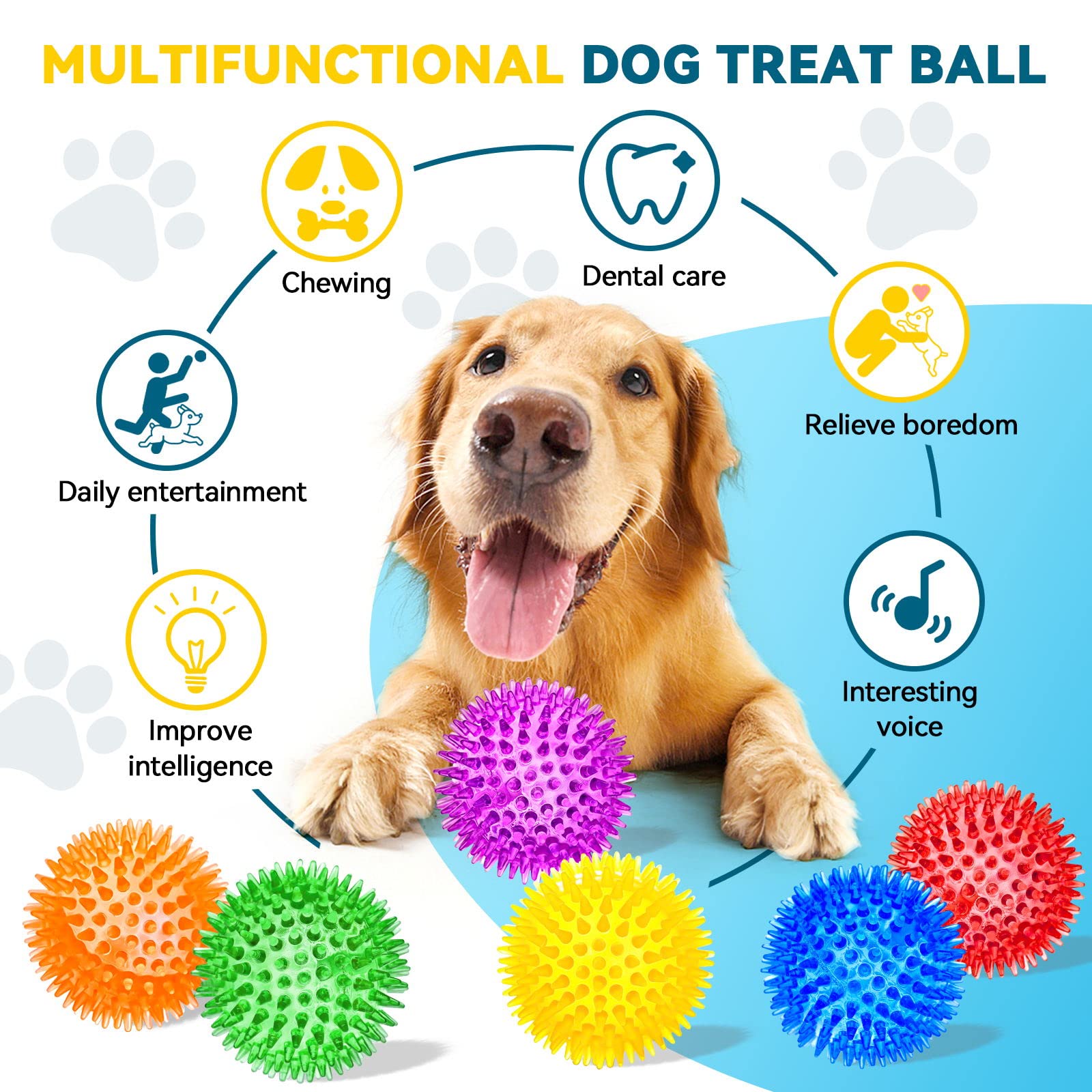 3.5” Large Dog Toys Ball, 6 Pack Squeaky Dog Toys, Durable Dog Toys for Aggressive Chewers, Spiky Dog Ball for Clean Teeth and Training, Fetch Toys for Large Dogs, Puppy Chew Toys for Teething