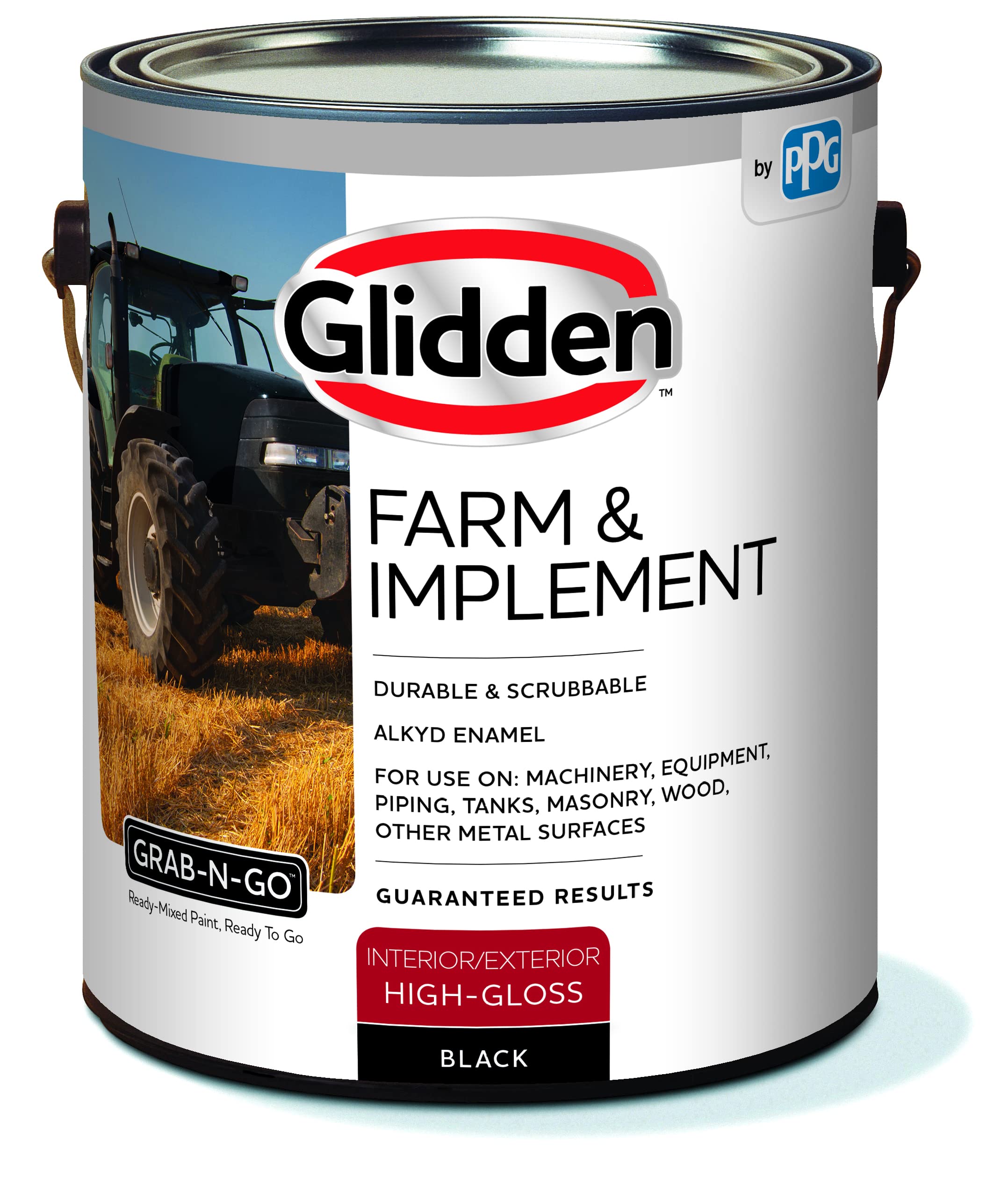 Glidden Farm & Implement Alkyd Enamel Interior/Exterior Paint for use on Machinery, Equipment, Masonry, and Other Metal Surfaces, 1 Gallon, High Gloss, Black