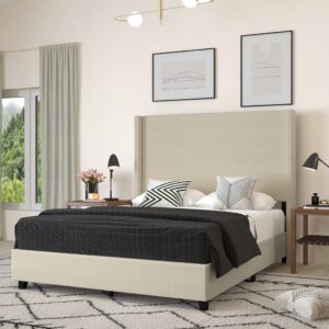 merrick lane bramlett modern platform bed - beige faux linen - queen - padded wingback headboard - 3" floor clearance - wood support slats - no box spring needed