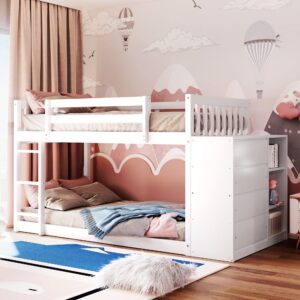 harper & bright designs twin over twin bunk bed with storage, wood floor bunk beds with 4 drawers and 3 shelves, low bunk bed, twin loft bed for kids, girls boys, teens, adults (white)