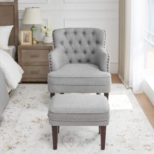 Accent Chair with Ottoman, Living Room Chair, Footrest Set Vintage Brass Studs, Button Tufted Upholstered Armchair for Room, Comfy Reading Bedroom, Reception (Grey)