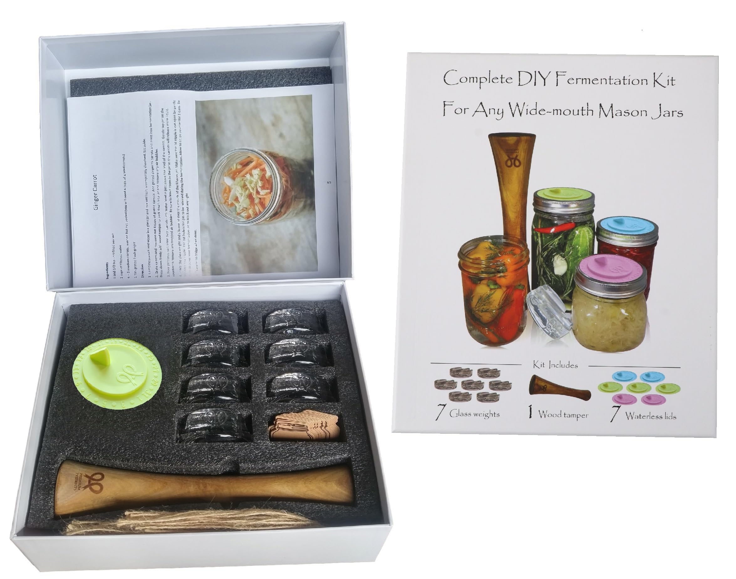 Canning kit. Complete DIY fermentation kit for wide mouth mason jars or pickling jars for 7 sets. Glass weights, tamper, airlock lids, and recipe included.