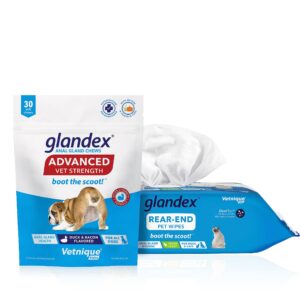 glandex anal gland hygienic pet wipes 100 ct advanced vet-strength chews 30 ct bundle dog cleaning wipes with fresh scent, vet-strength anal gland supplement for dogs with extra fiber