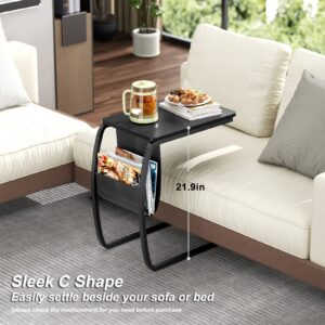 SRIWATANA Side End Tables Living Room, Vintage C-Shaped Laptop Table for Couch, Snack Table with Side Pocket, Black