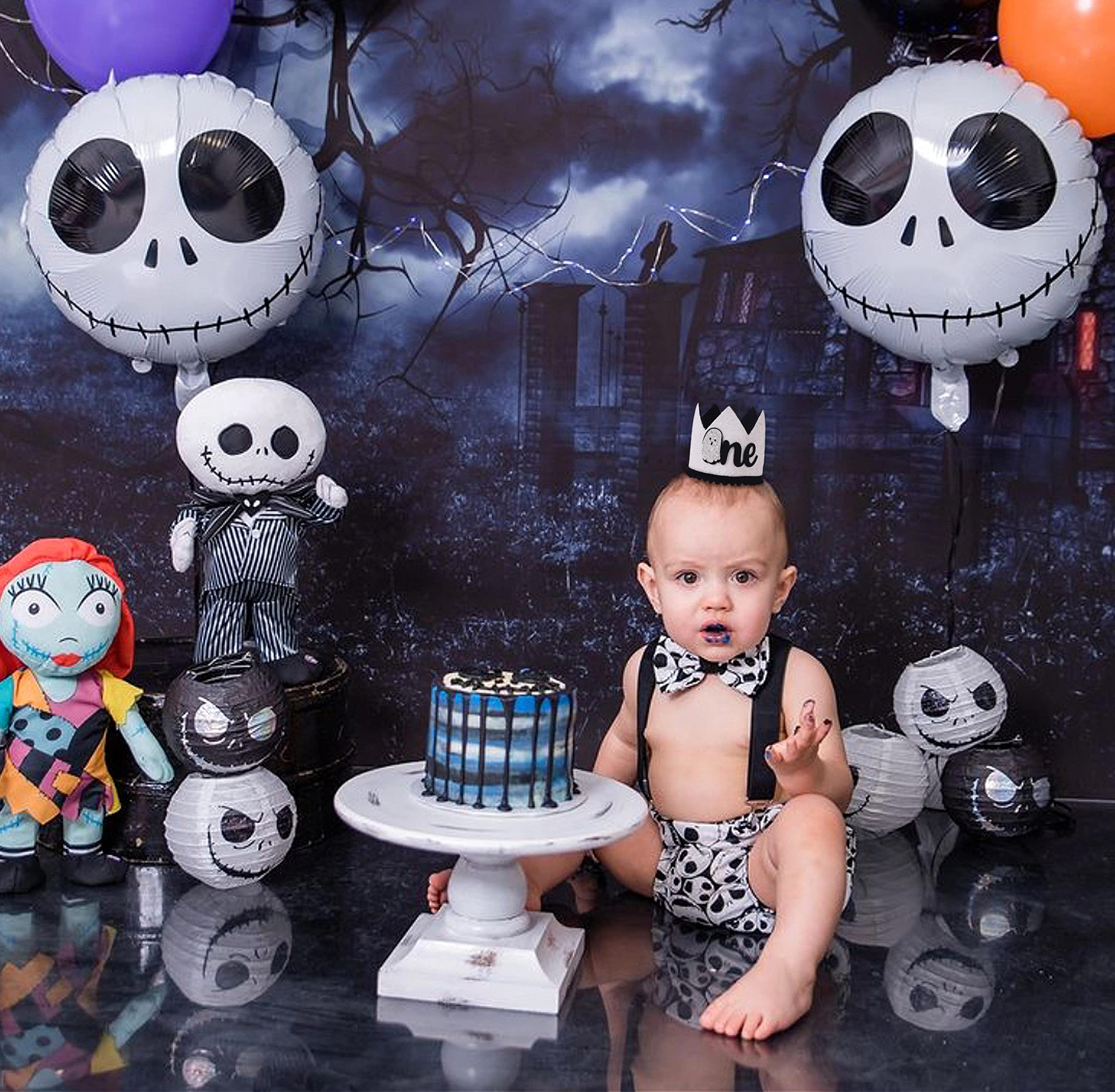 ZZDCMS Halloween First Birthday Decorations - Baby Shower Headband, Hat, Ghost Crown, Photo Booth Props and Cake Smash Backdrop