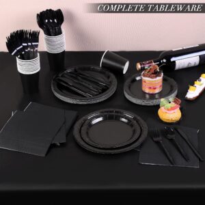 ADXCO 169 Pieces Black Party Supplies Include Black Plates and Cups Paper Napkins Plastic Forks Knives Spoons Tablecloth Serve 24 Guests for Wedding Birthday Party Decorations