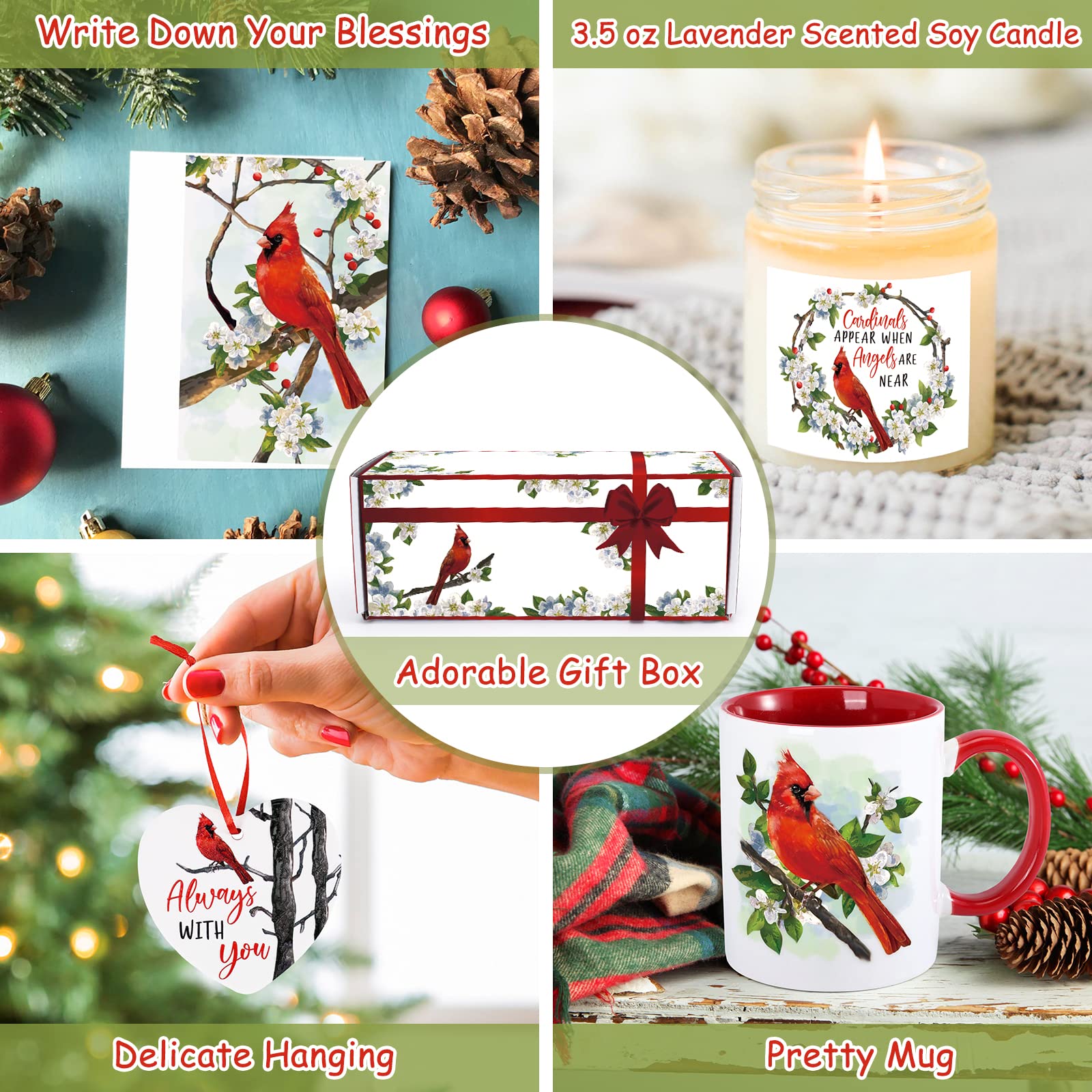 Cardinal Gift Set Christmas Red Bird Present Box Cardinal Mug Soy Candle Card Ceramic Hanging Cardinal Decor Memorial Gift Xmas Winter Holiday Always with You Sympathy Gift Basket for Bird Lover