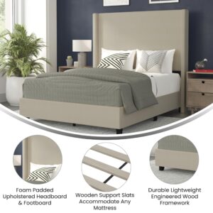 Merrick Lane Bramlett Modern Platform Bed - Beige Faux Linen - Queen - Padded Wingback Headboard - 3" Floor Clearance - Wood Support Slats - No Box Spring Needed