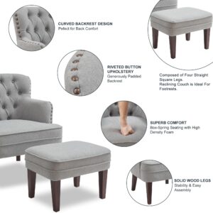 Accent Chair with Ottoman, Living Room Chair, Footrest Set Vintage Brass Studs, Button Tufted Upholstered Armchair for Room, Comfy Reading Bedroom, Reception (Grey)