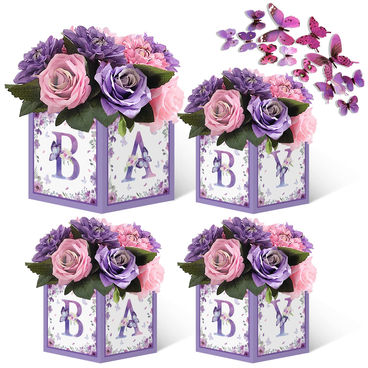 GOGOPARTY Purple Butterfly Floral Baby Shower Boxes Decorations - 4 Baby Shower Centerpiece Boxes Gender Reveal First Birthday Centerpiece Decors (Without Flowers)