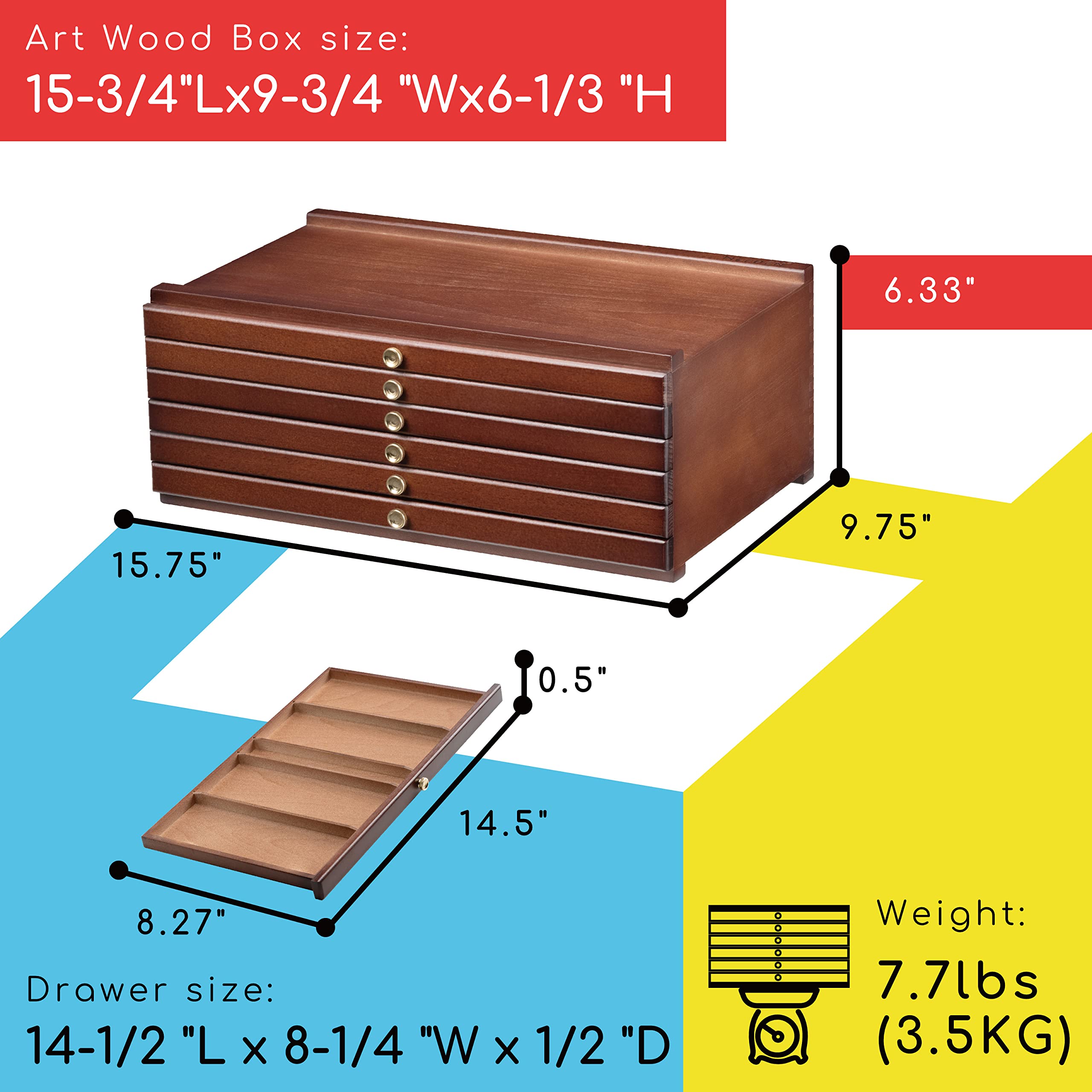 MEEDEN 6-Drawer Art Supply Storage Box - Large Capacity Multi-Function Beech-Wood Pencil Box with Drawer & Compartments for Organizing Pastels, Pencils, Pens, Markers, Brushes & Stamp, Walnut