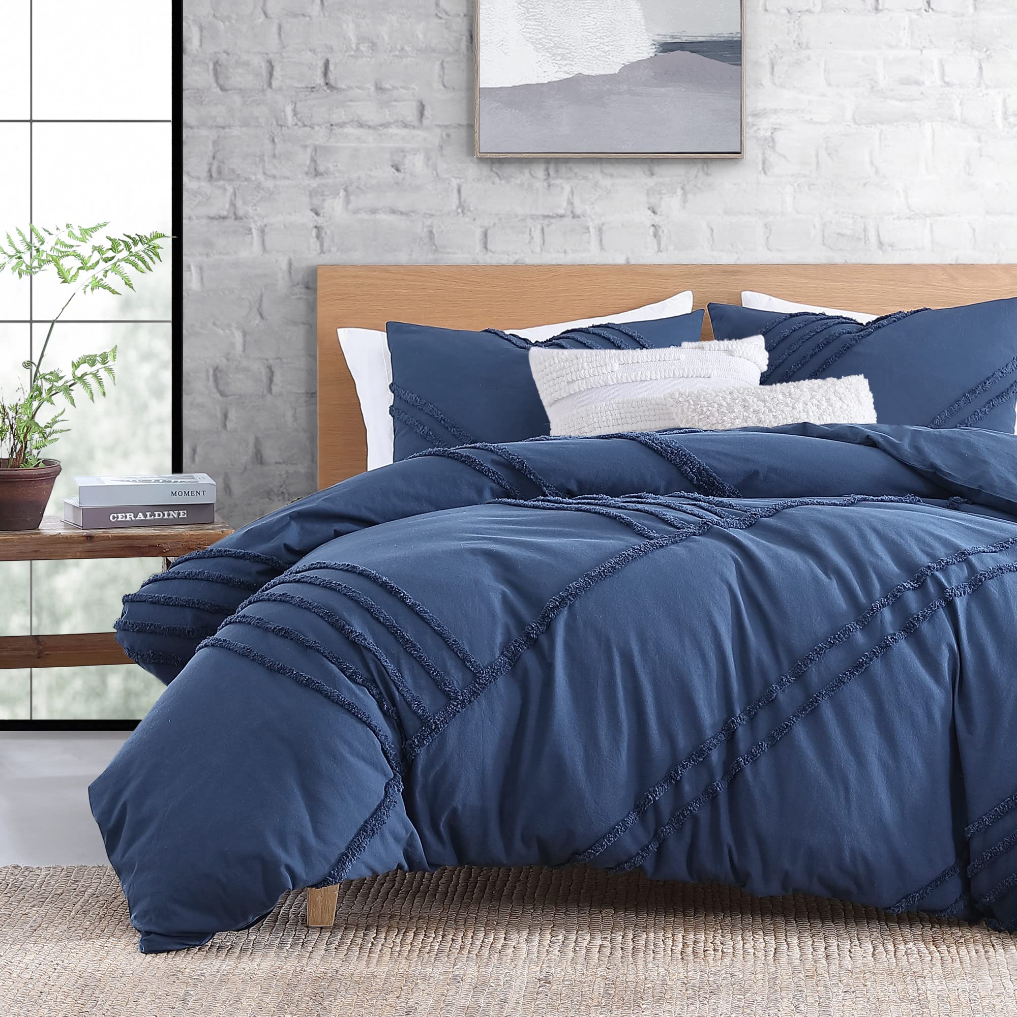 DKNY Bedding Chenille Block 3-Piece Cotton Duvet Cover Set, Full/Queen, Denim Blue