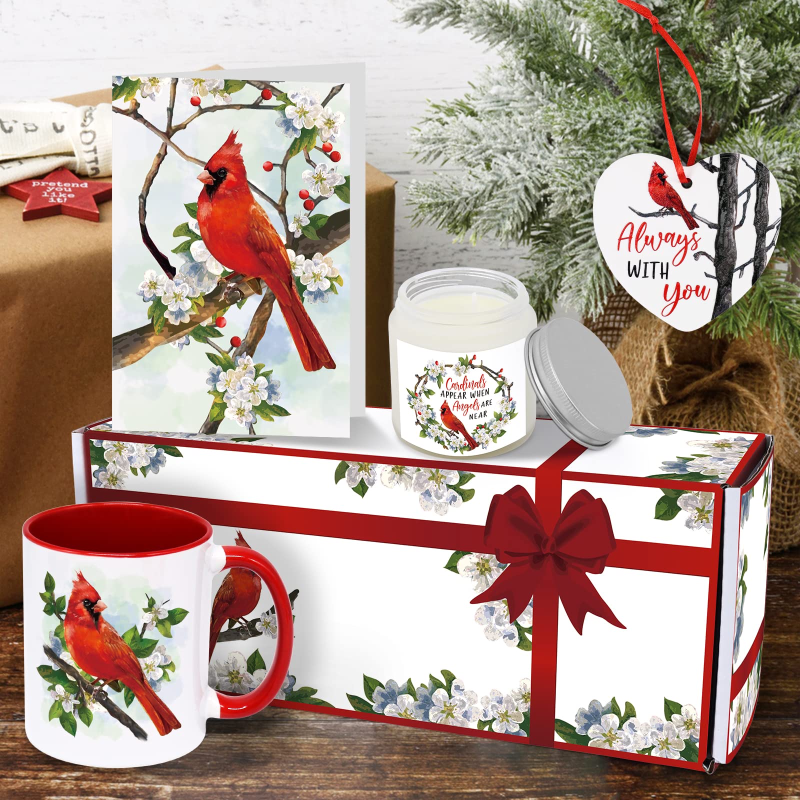 Cardinal Gift Set Christmas Red Bird Present Box Cardinal Mug Soy Candle Card Ceramic Hanging Cardinal Decor Memorial Gift Xmas Winter Holiday Always with You Sympathy Gift Basket for Bird Lover