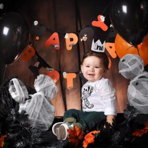 ZZDCMS Halloween First Birthday Decorations - Baby Shower Headband, Hat, Ghost Crown, Photo Booth Props and Cake Smash Backdrop