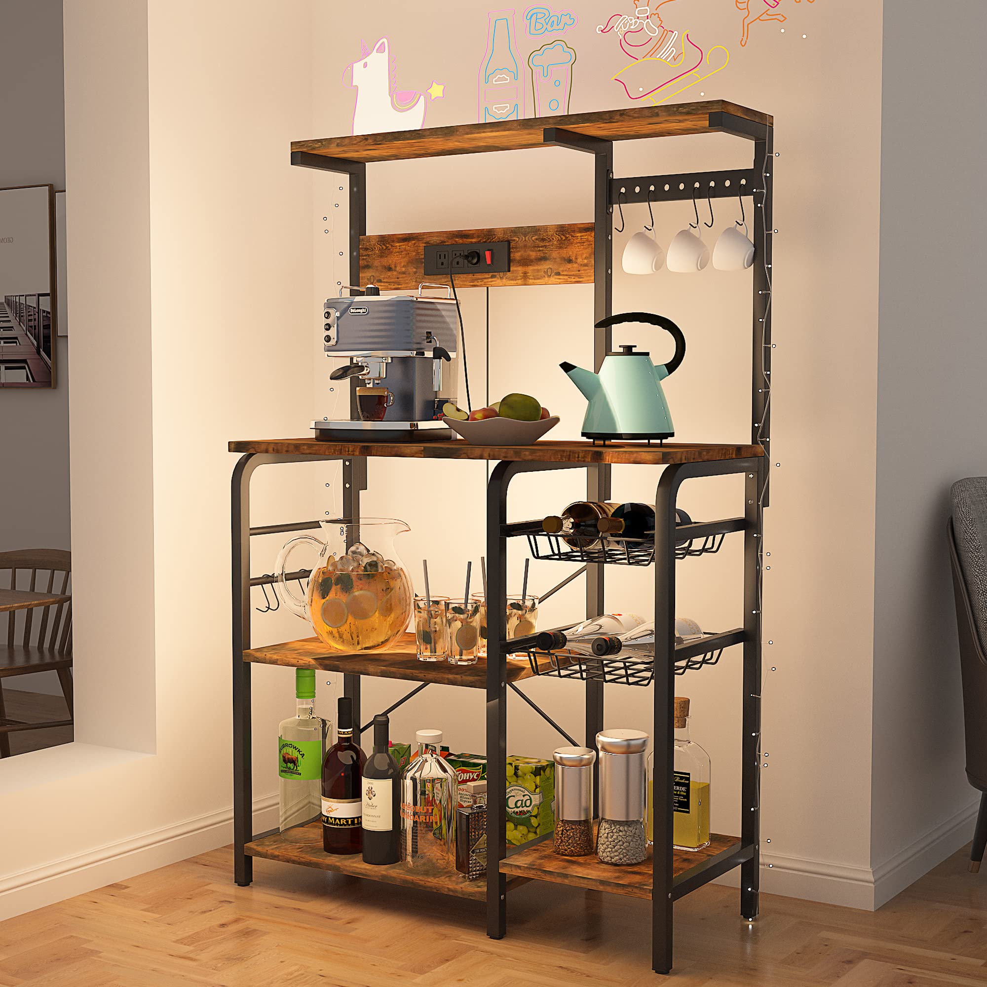 YILFANA Kitchen Bakers Rack with Power Outlet, Bakers Racks for Kitchen with Storage, Microwave Stand with Storage, Kitchen Rack and Shelves with 2 Wire Baskets, 10 S-Hooks, Kitchen Storage Shelves