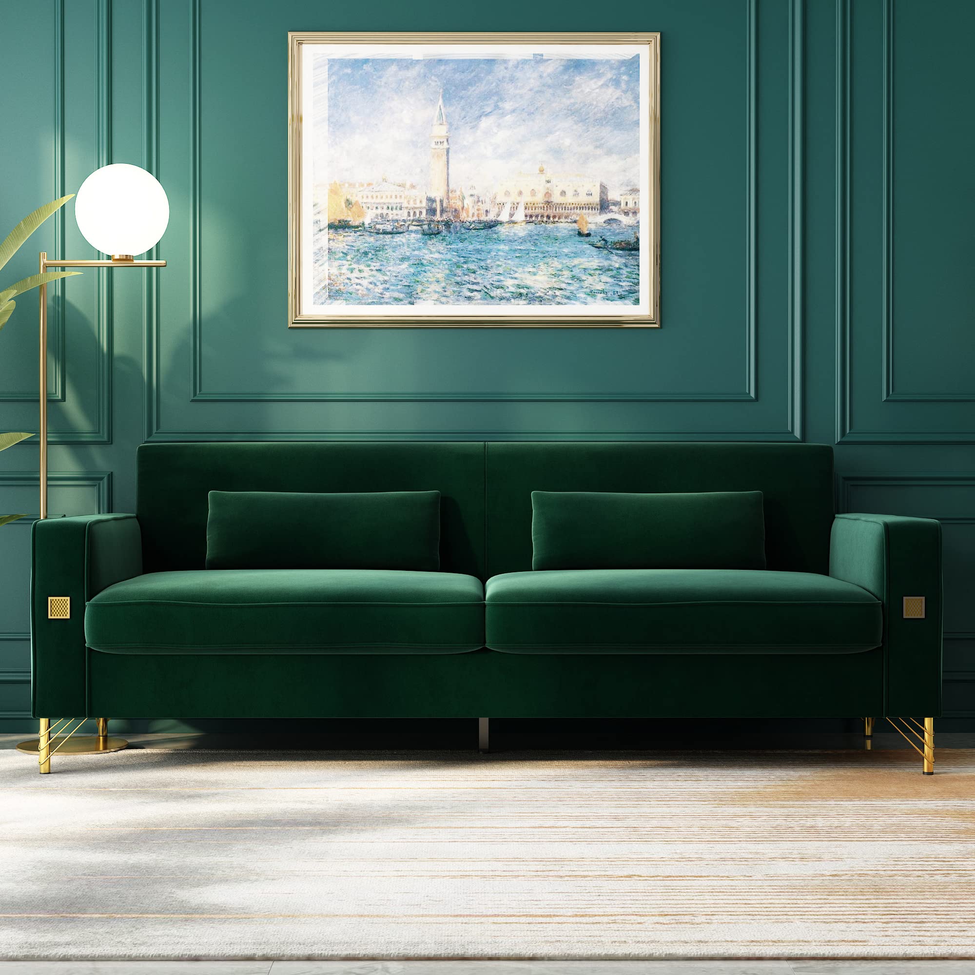 STORFENBOR Green 85'' Velvet Sofa, Mid-Century Modern 3-Seat Couch with 2 Pillows & Gold Legs for Living Room Apartment Large Space