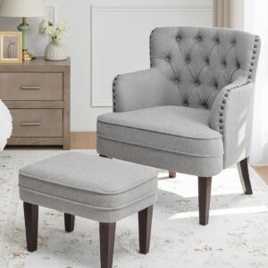 Accent Chair with Ottoman, Living Room Chair, Footrest Set Vintage Brass Studs, Button Tufted Upholstered Armchair for Room, Comfy Reading Bedroom, Reception (Grey)