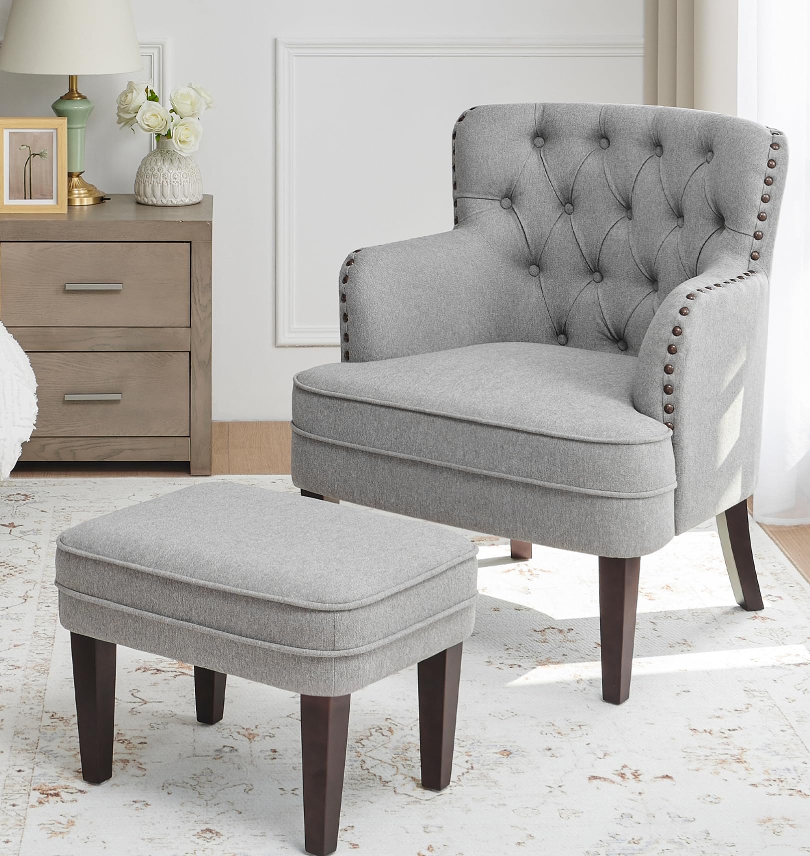 Accent Chair with Ottoman, Living Room Chair, Footrest Set Vintage Brass Studs, Button Tufted Upholstered Armchair for Room, Comfy Reading Bedroom, Reception (Grey)