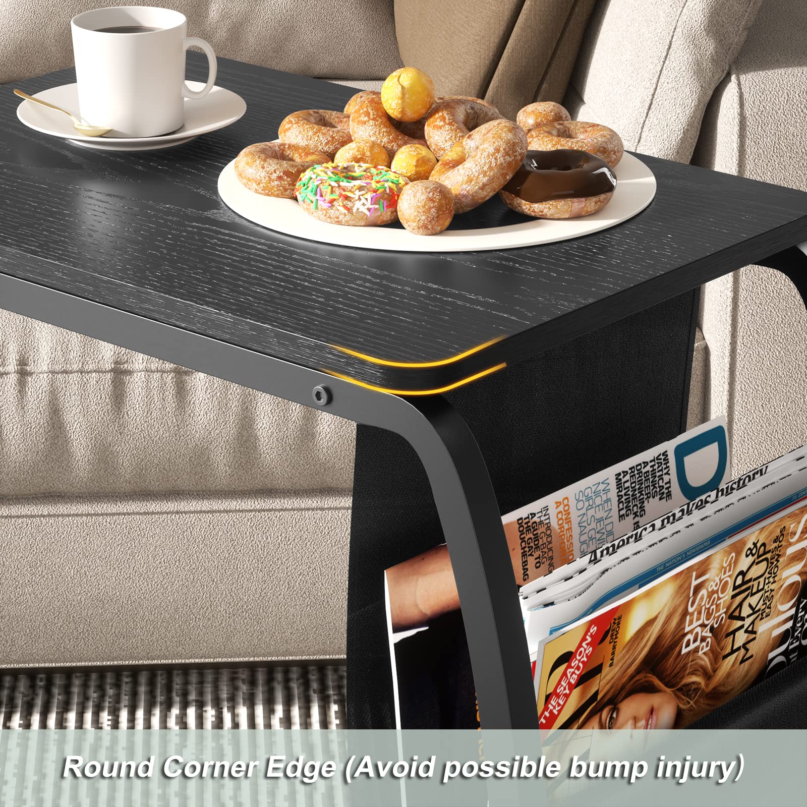 SRIWATANA Side End Tables Living Room, Vintage C-Shaped Laptop Table for Couch, Snack Table with Side Pocket, Black