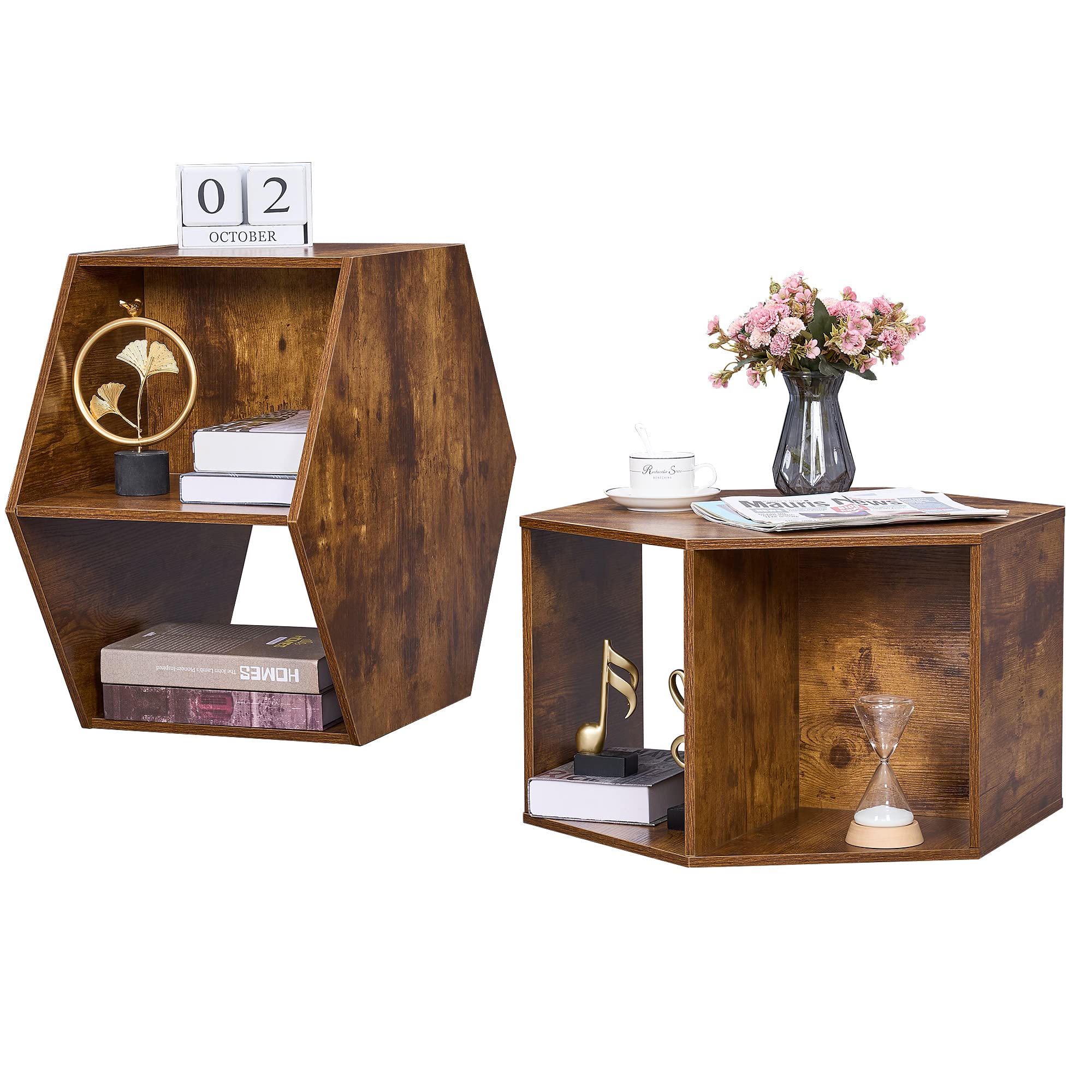 BEWISHOME Hexagonal Small Coffee Table with Storage, Unique Modern Coffee Table for Living Room and Office, Brown Natural Wood Small End Tables for Small Spaces Set of 2, KlZ02Z