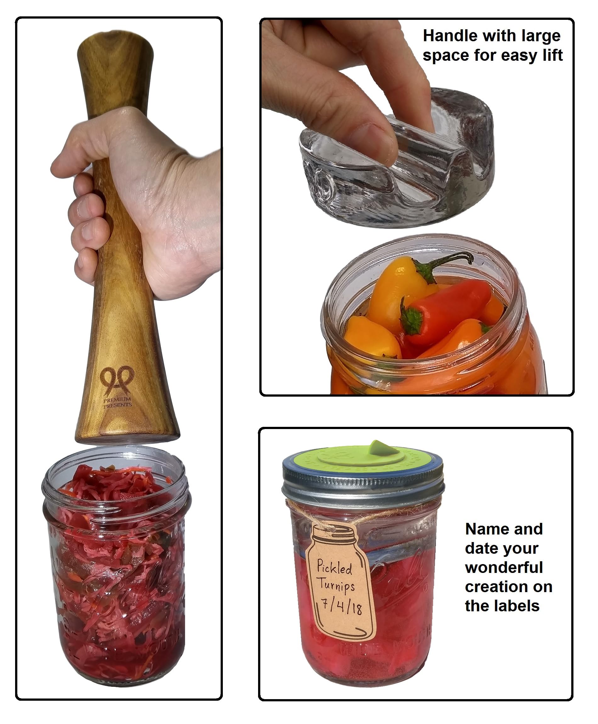 Canning kit. Complete DIY fermentation kit for wide mouth mason jars or pickling jars for 7 sets. Glass weights, tamper, airlock lids, and recipe included.