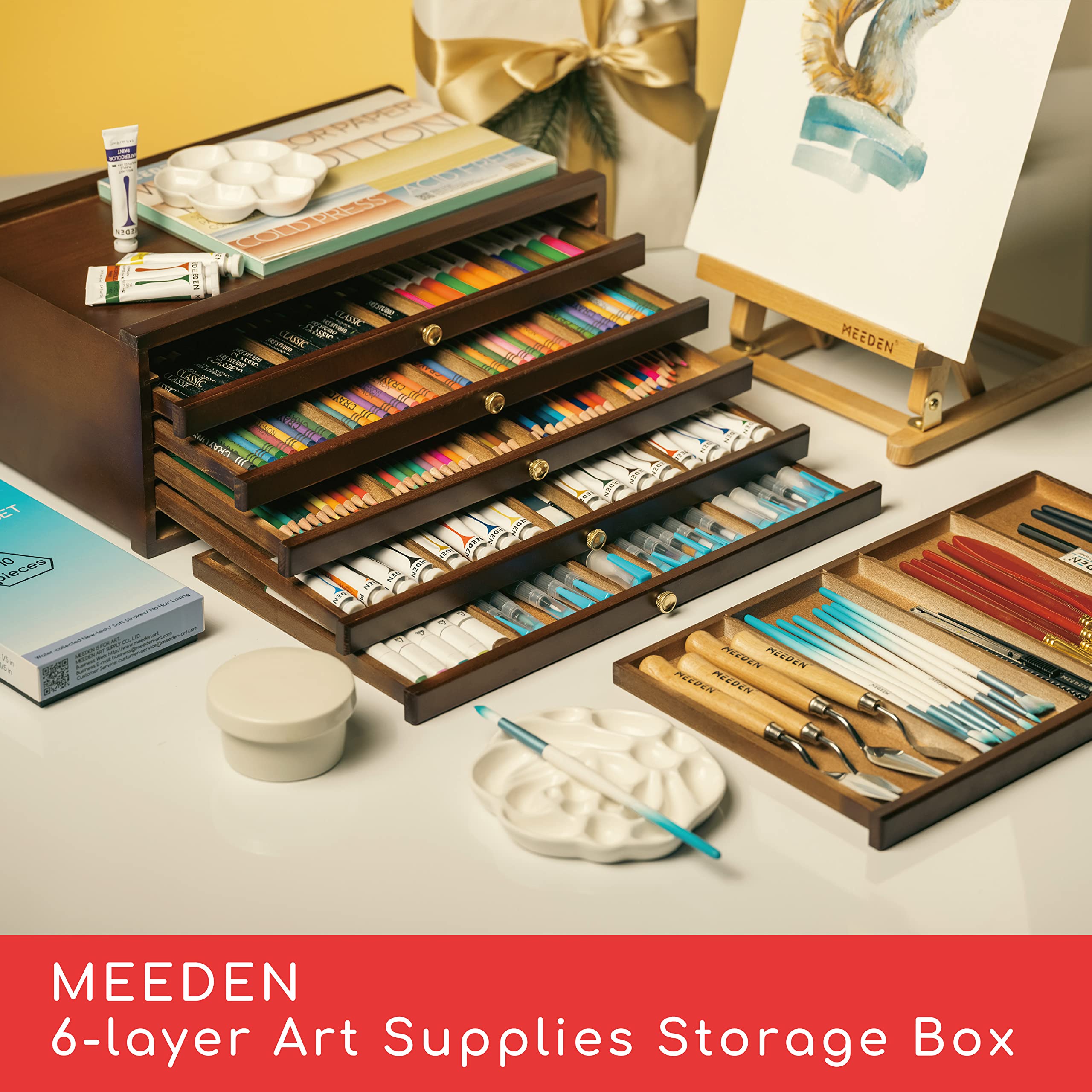 MEEDEN 6-Drawer Art Supply Storage Box - Large Capacity Multi-Function Beech-Wood Pencil Box with Drawer & Compartments for Organizing Pastels, Pencils, Pens, Markers, Brushes & Stamp, Walnut