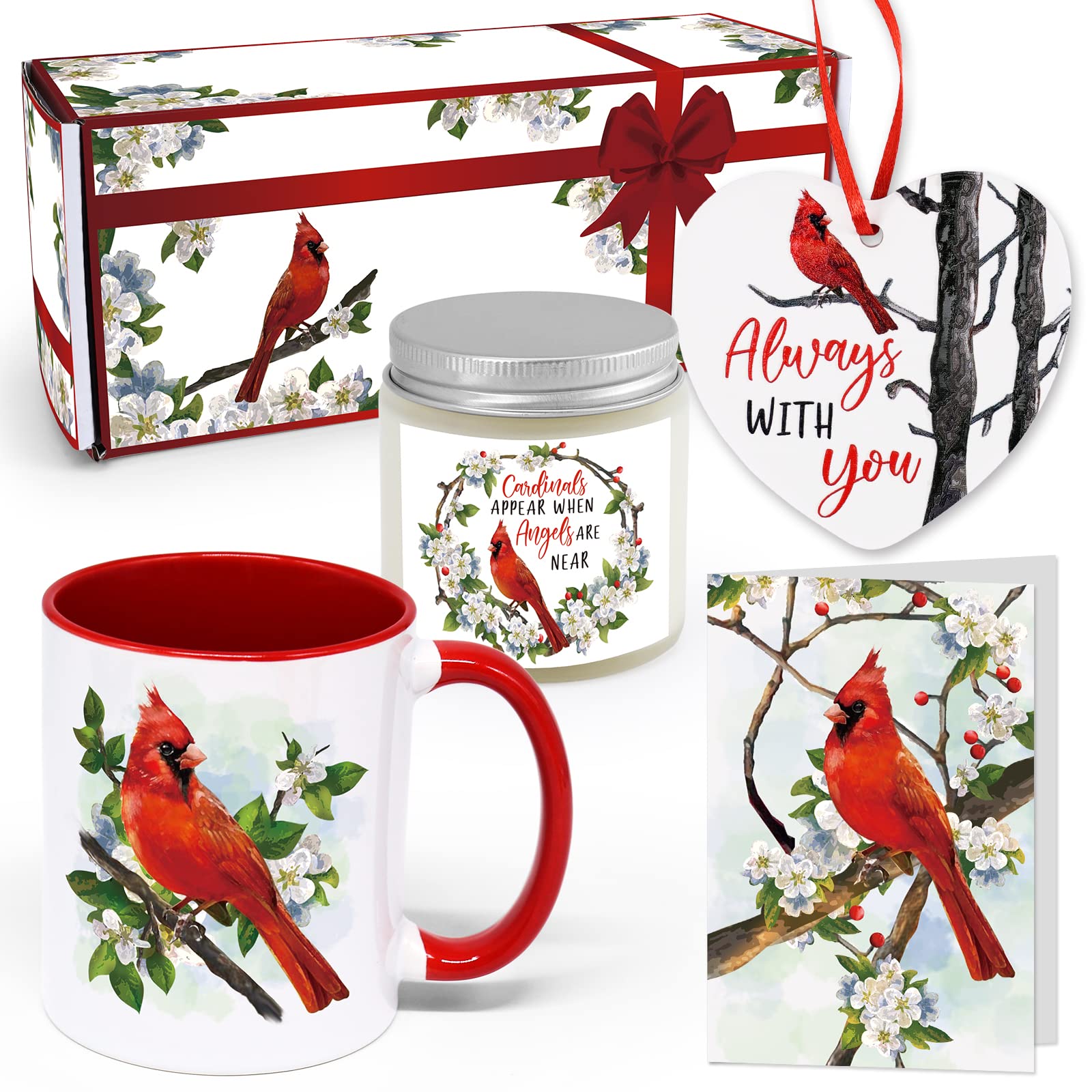 Cardinal Gift Set Christmas Red Bird Present Box Cardinal Mug Soy Candle Card Ceramic Hanging Cardinal Decor Memorial Gift Xmas Winter Holiday Always with You Sympathy Gift Basket for Bird Lover