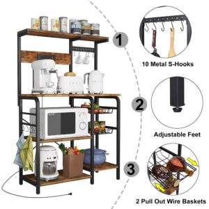 YILFANA Kitchen Bakers Rack with Power Outlet, Bakers Racks for Kitchen with Storage, Microwave Stand with Storage, Kitchen Rack and Shelves with 2 Wire Baskets, 10 S-Hooks, Kitchen Storage Shelves