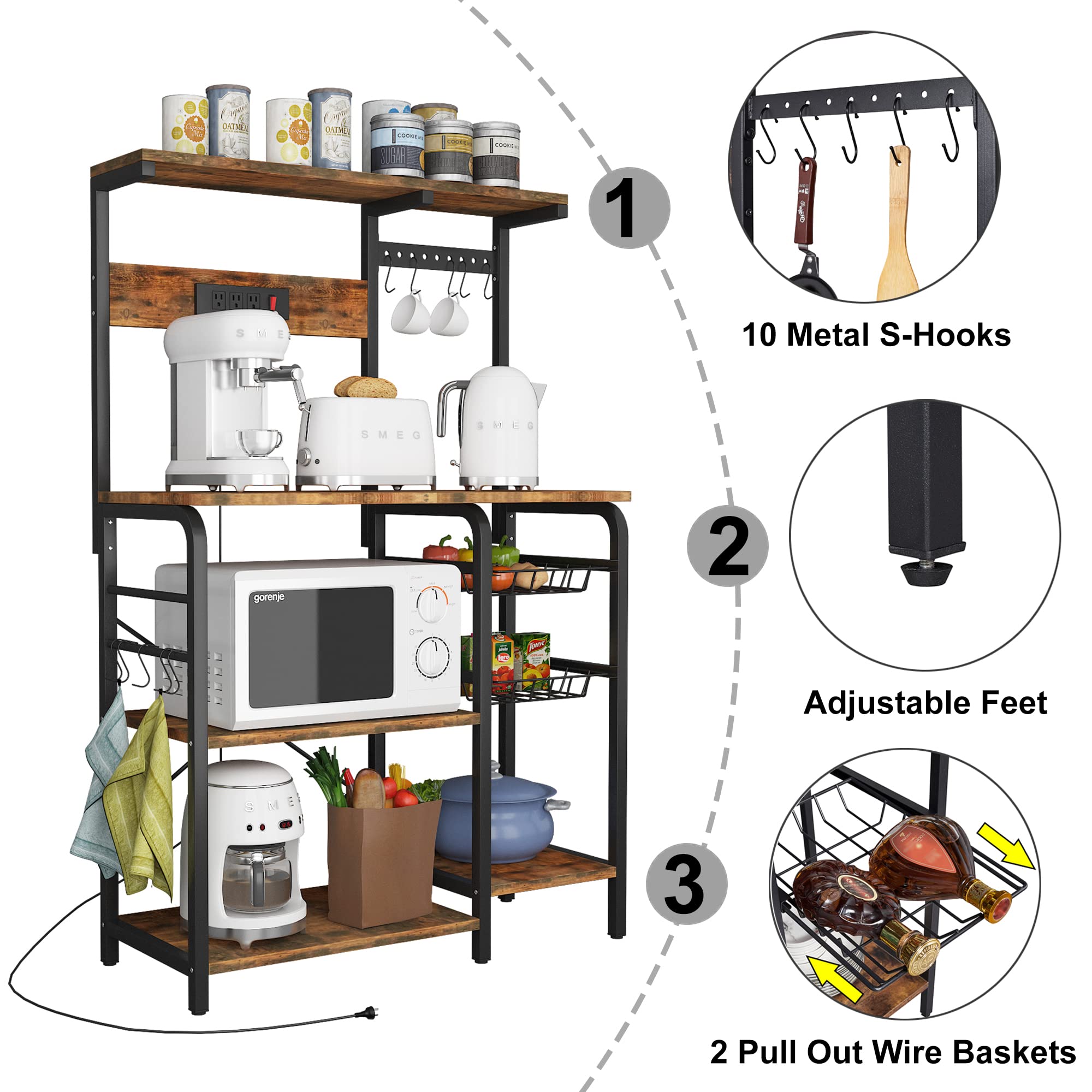 YILFANA Kitchen Bakers Rack with Power Outlet, Bakers Racks for Kitchen with Storage, Microwave Stand with Storage, Kitchen Rack and Shelves with 2 Wire Baskets, 10 S-Hooks, Kitchen Storage Shelves