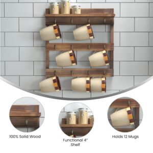 EMMA + OLIVER Maxwell Wall Mounted Wooden Mug Rack - Rustic Brown Finish - 12 Metal Mug Hooks - Inlaid Hanging Hardware - Includes Screws and Wall Anchors