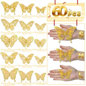 60 Pcs 3D Iridescent Gold Butterfly Decorations,Sequined Gold Room Decor with Set 5 Style Decorative Paper Butterfly for Party Birthday Baby Shower Decorations Wedding Decor DIY Gift( (Sequined Gold)