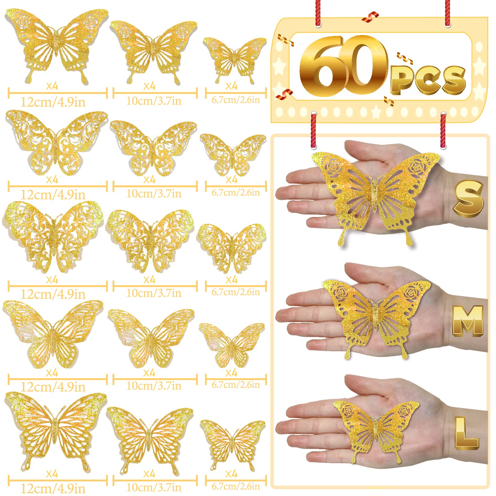 60 Pcs 3D Iridescent Gold Butterfly Decorations,Sequined Gold Room Decor with Set 5 Style Decorative Paper Butterfly for Party Birthday Baby Shower Decorations Wedding Decor DIY Gift( (Sequined Gold)