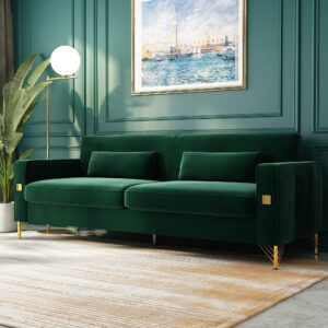 STORFENBOR Green 85'' Velvet Sofa, Mid-Century Modern 3-Seat Couch with 2 Pillows & Gold Legs for Living Room Apartment Large Space