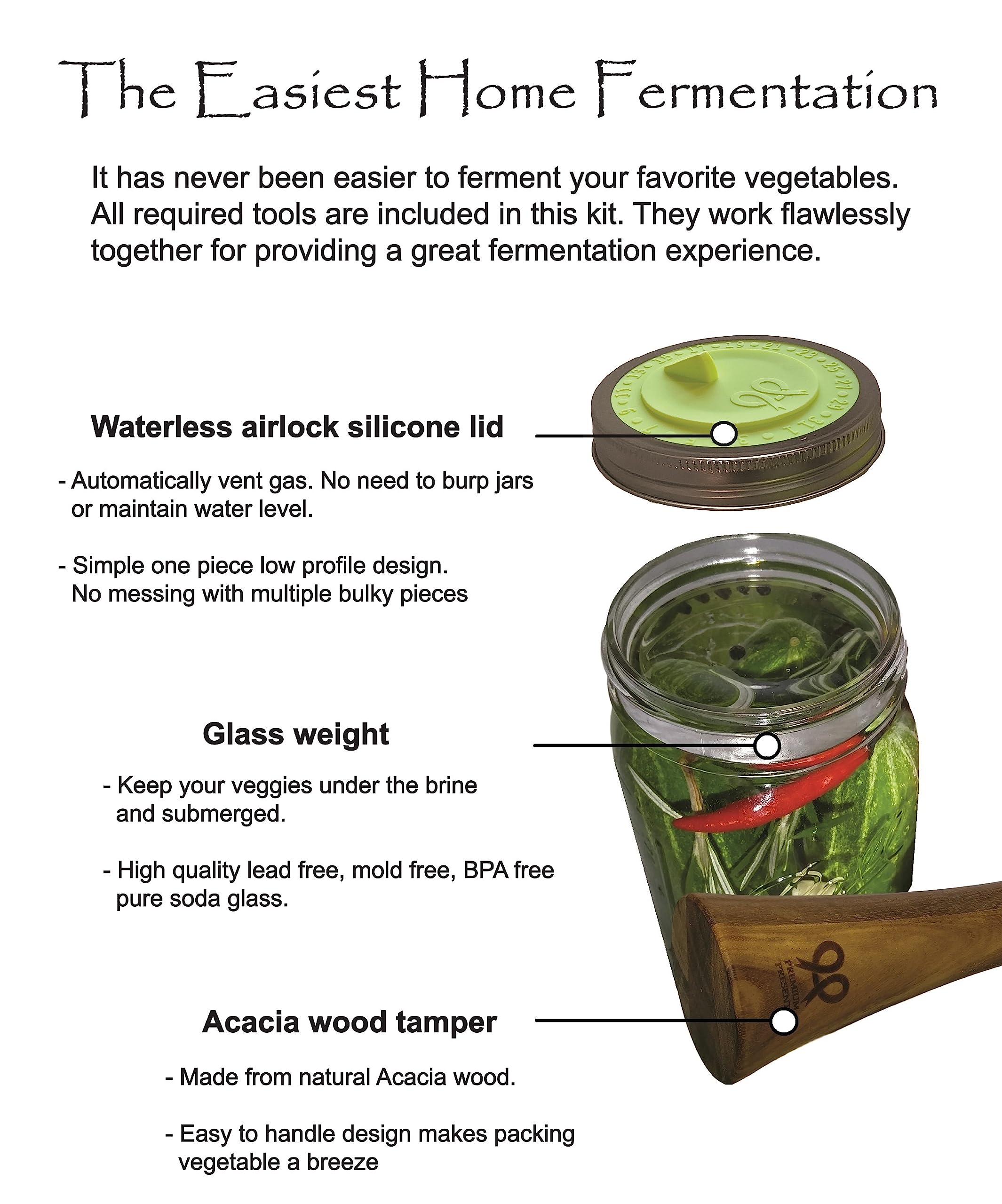 Canning kit. Complete DIY fermentation kit for wide mouth mason jars or pickling jars for 7 sets. Glass weights, tamper, airlock lids, and recipe included.