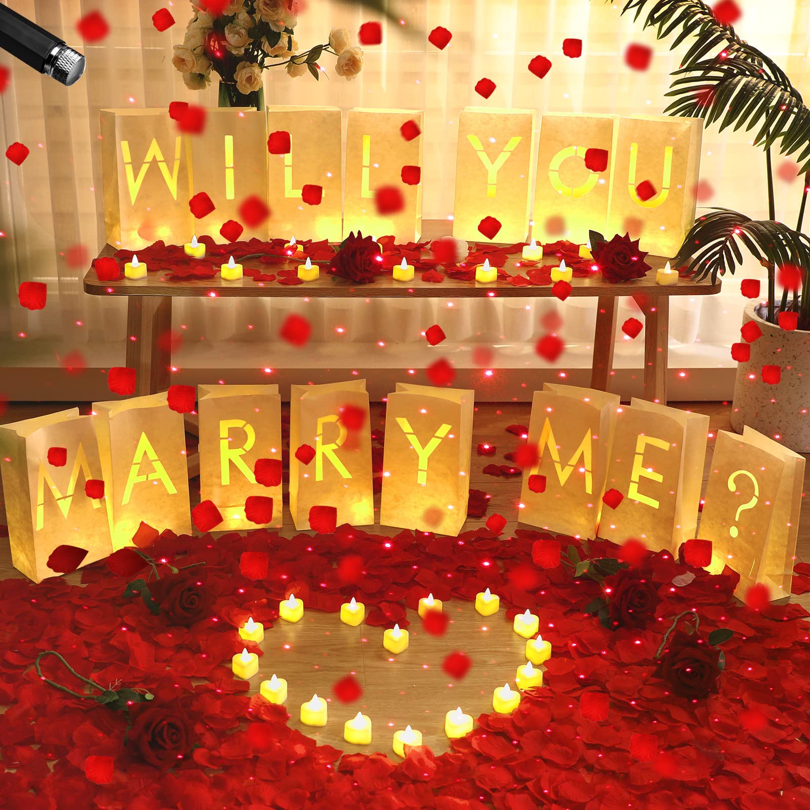 Coume 2051 Pcs Proposal Decorations Kit 15 Will You Marry Me Sign Luminary Paper Bags 2000 Rose Petals 36 Heart Flameless Candles with USB Romantic Night Light for Proposal Wedding Party(Warm White)