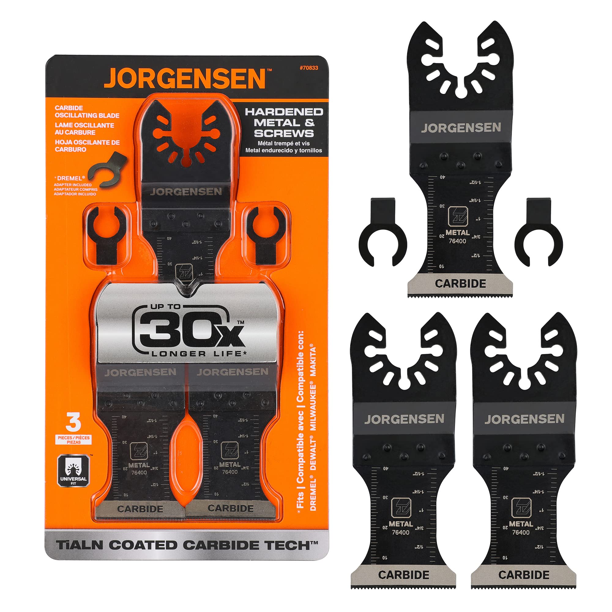 JORGENSEN 3 Pack Oscillating Saw Blades, Tialn Coated Carbide Multitool Blades with 2 Adapters, Universal Multi Oscillating Tool Blade Kits for Hard Material, Hardened Metal, Nails, Bolts, Screws