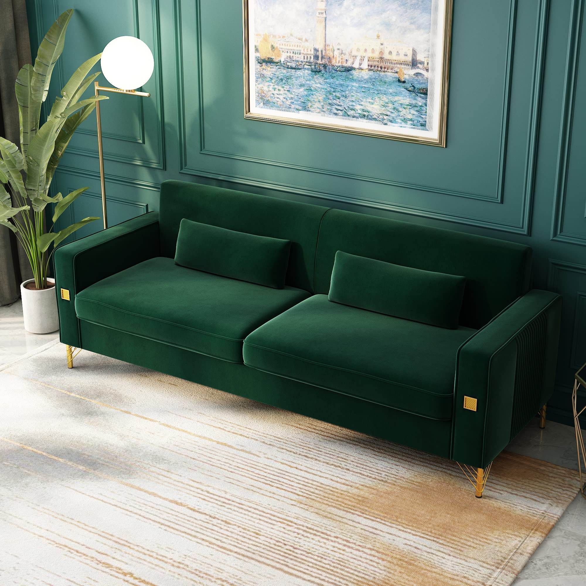 STORFENBOR Green 85'' Velvet Sofa, Mid-Century Modern 3-Seat Couch with 2 Pillows & Gold Legs for Living Room Apartment Large Space